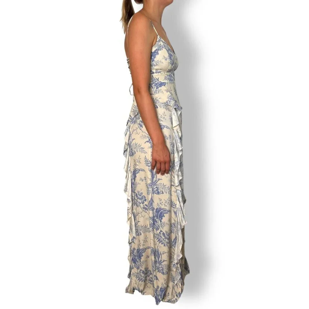 Chaser Maxi Dress Blue Cream Toile Ruffle Lace Up Back Sz XS Victorian Garden